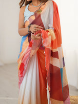 Multicolor Heavy Chinnon Saree with Kutchi Mirror Lace Border