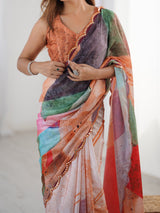 Multicolor Heavy Chinnon Saree with Kutchi Mirror Work Border