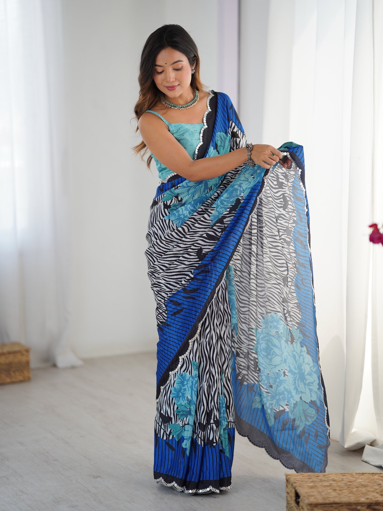 Multicolor Heavy Chinnon Saree with Kutchi Mirror Lace Border