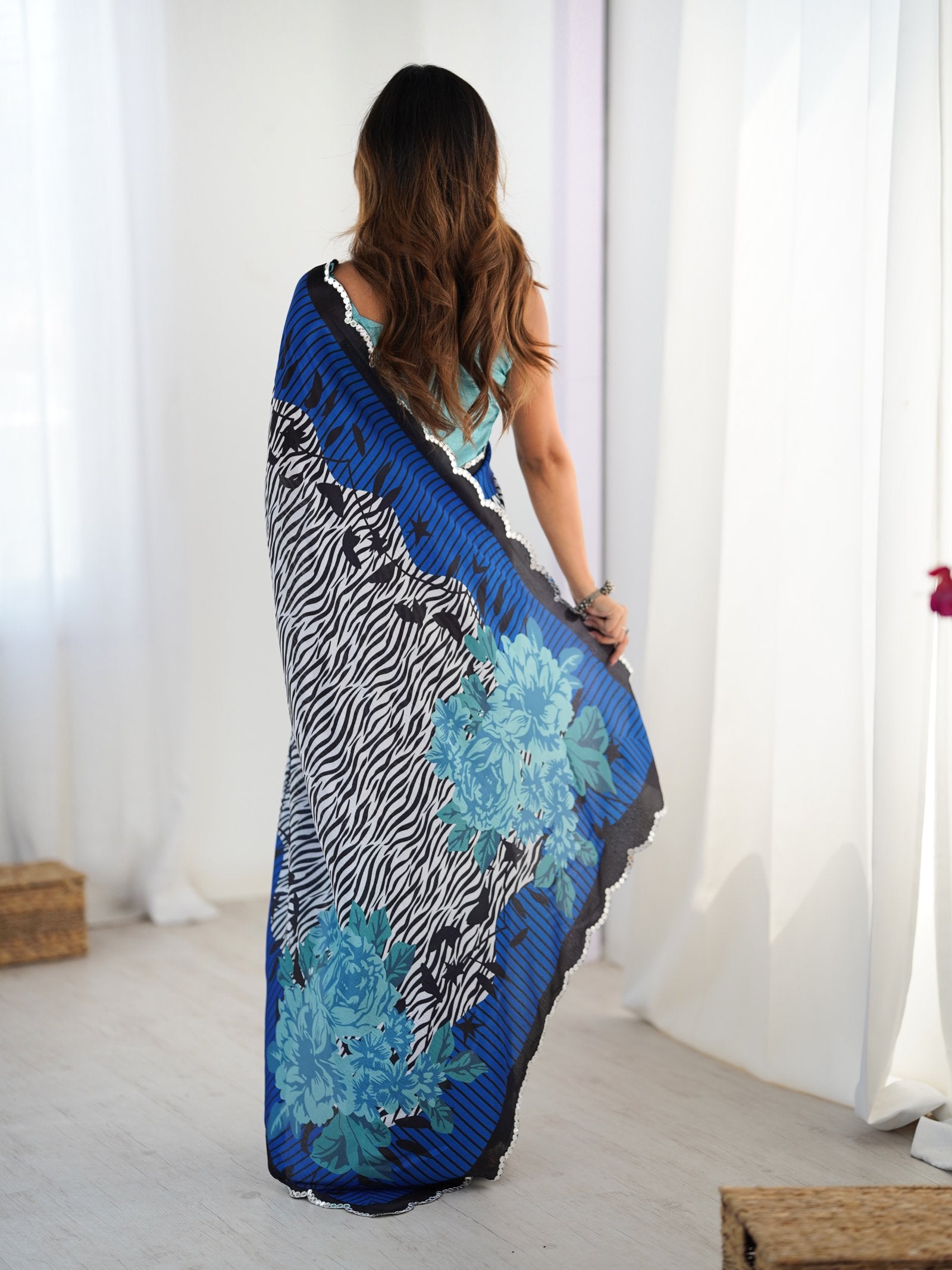 Multicolor Heavy Chinnon Saree with Kutchi Mirror Lace Border