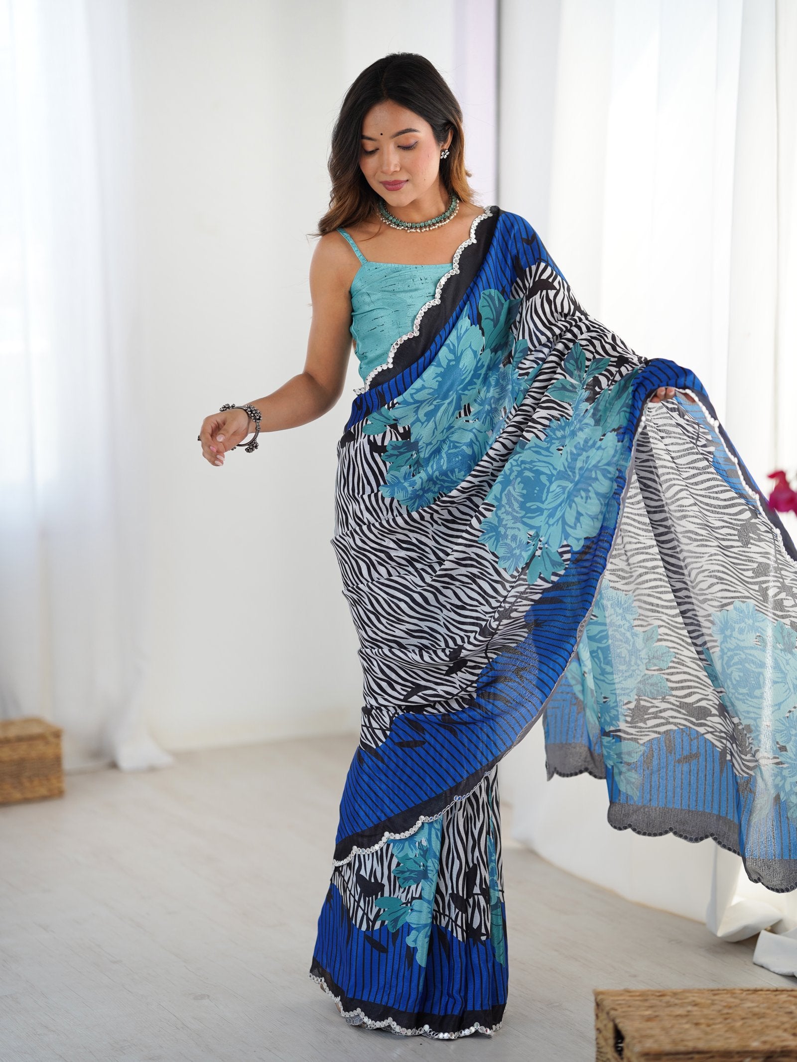 Multicolor Heavy Chinnon Saree with Kutchi Mirror Lace Border