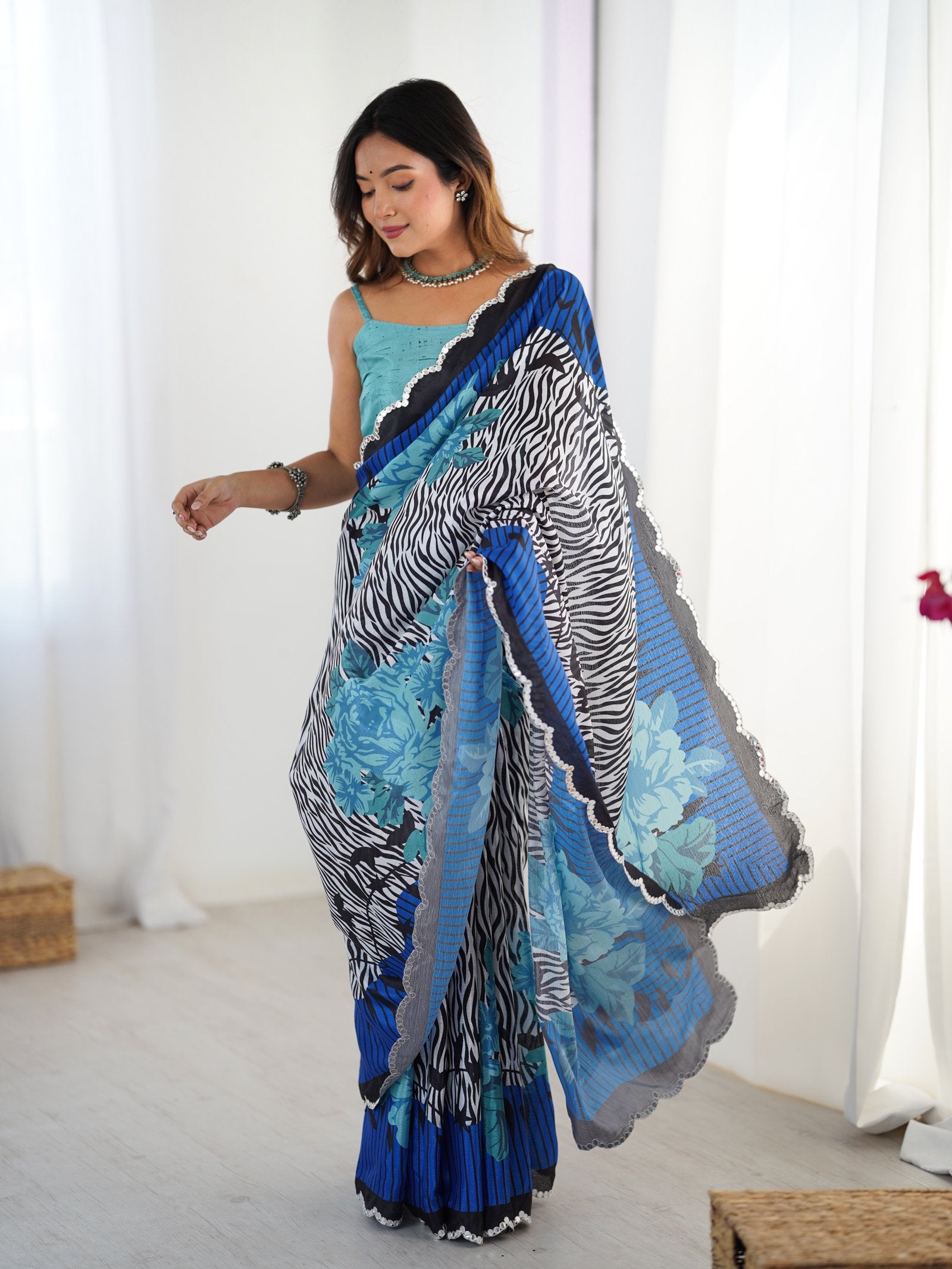 Multicolor Heavy Chinnon Saree with Kutchi Mirror Lace Border