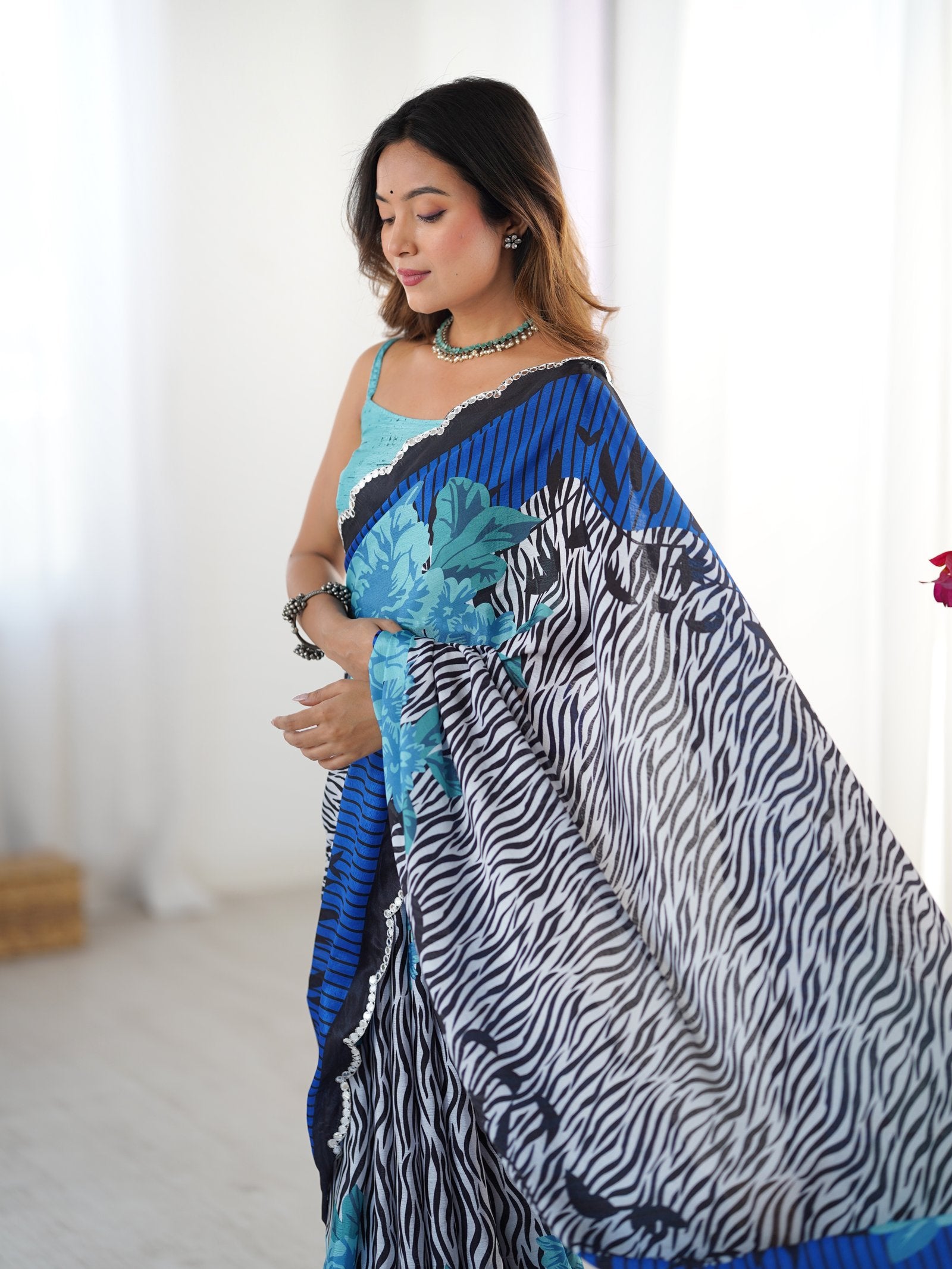 Multicolor Heavy Chinnon Saree with Kutchi Mirror Lace Border