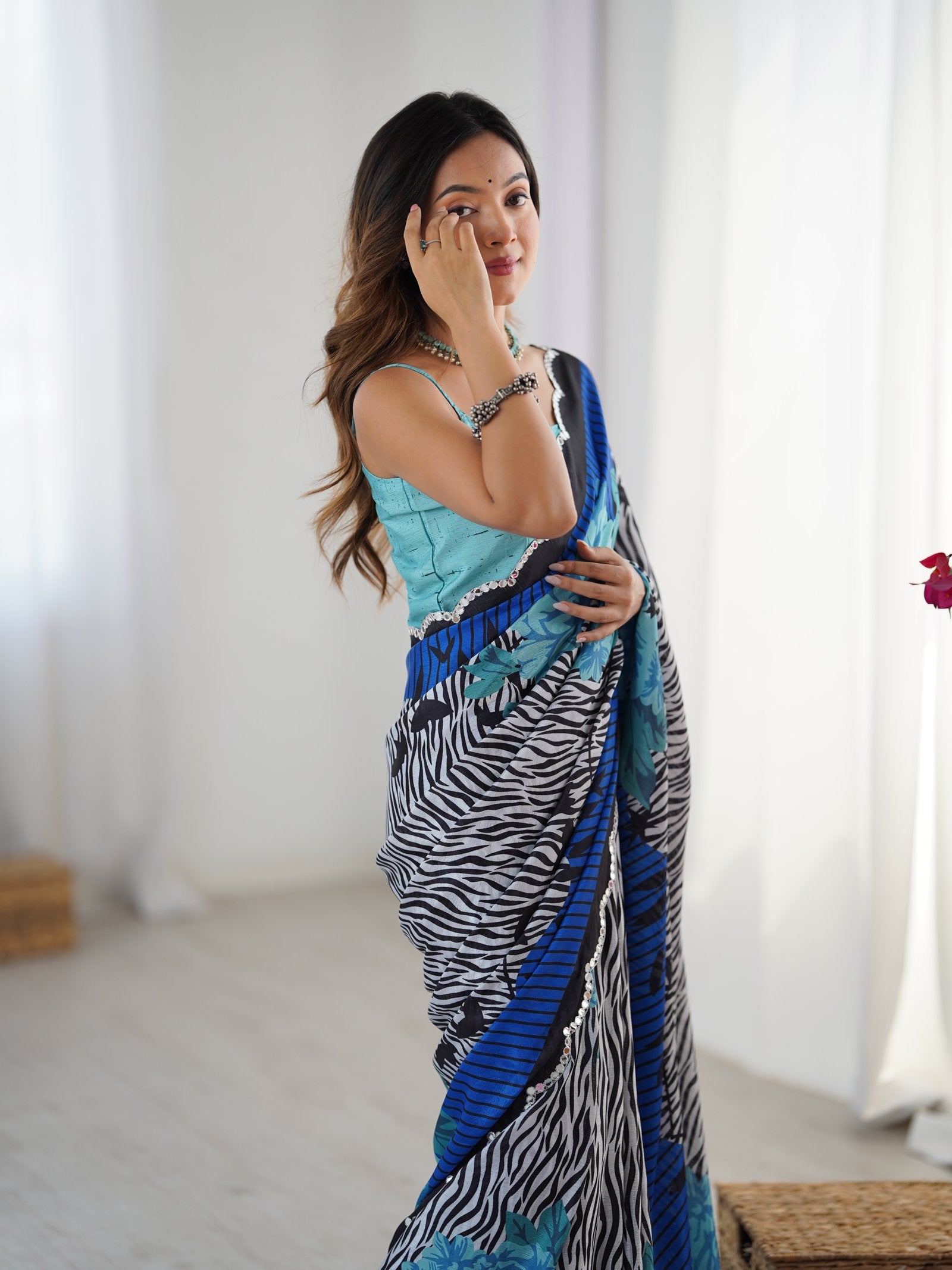 Multicolor Heavy Chinnon Saree with Kutchi Mirror Lace Border