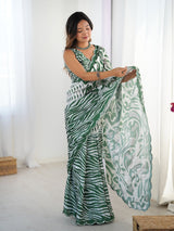 Elegant Green & White Chinnon Printed Saree with Mirror Work