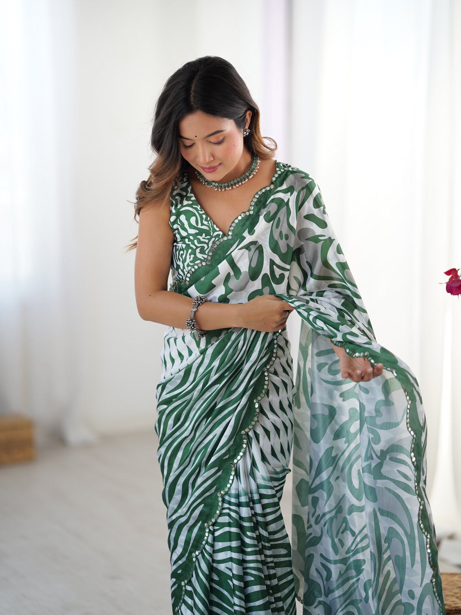 Elegant Green & White Chinnon Printed Saree with Mirror Work