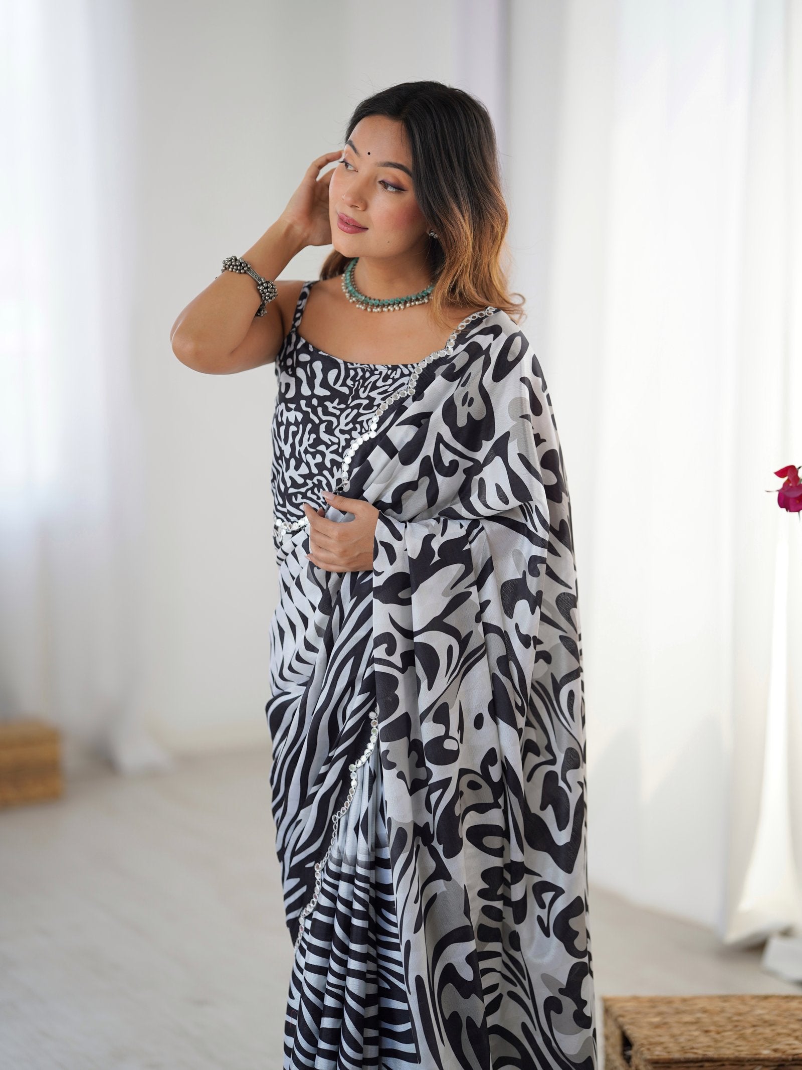 Black & White Chinnon Zebra Print Saree with Kutchi Mirror Work