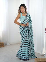 Teal Chinnon Saree with Striped Print & Mirror Work