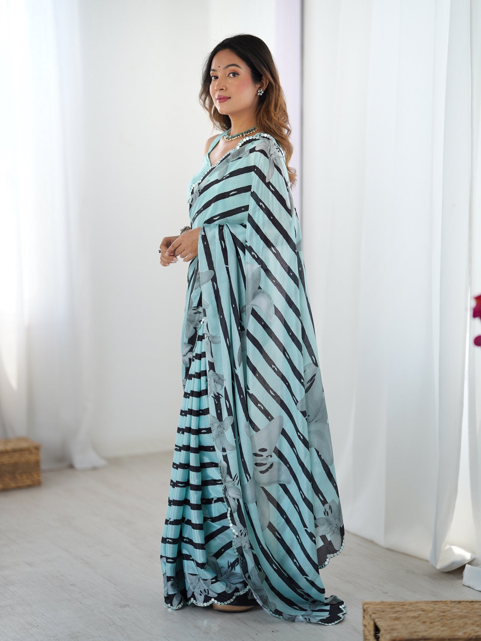 Teal Chinnon Saree with Striped Print & Mirror Work
