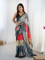 Multicolor Chinnon Saree with Kutchi Mirror Work Border