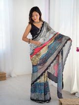 Multicolor Chinnon Saree with Kutchi Mirror Work Border