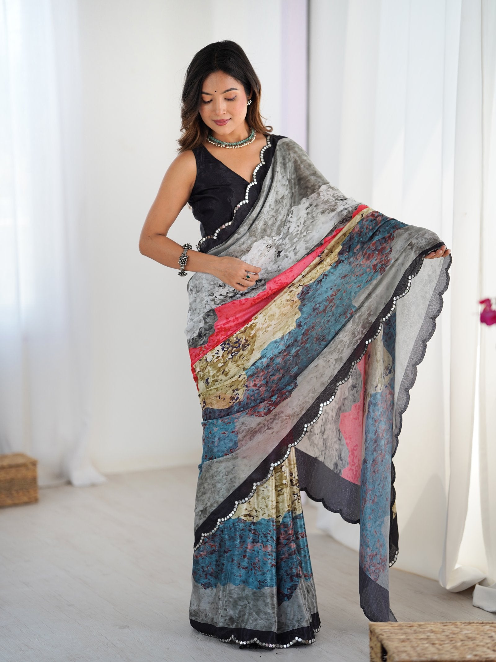 Multicolor Chinnon Saree with Kutchi Mirror Work Border