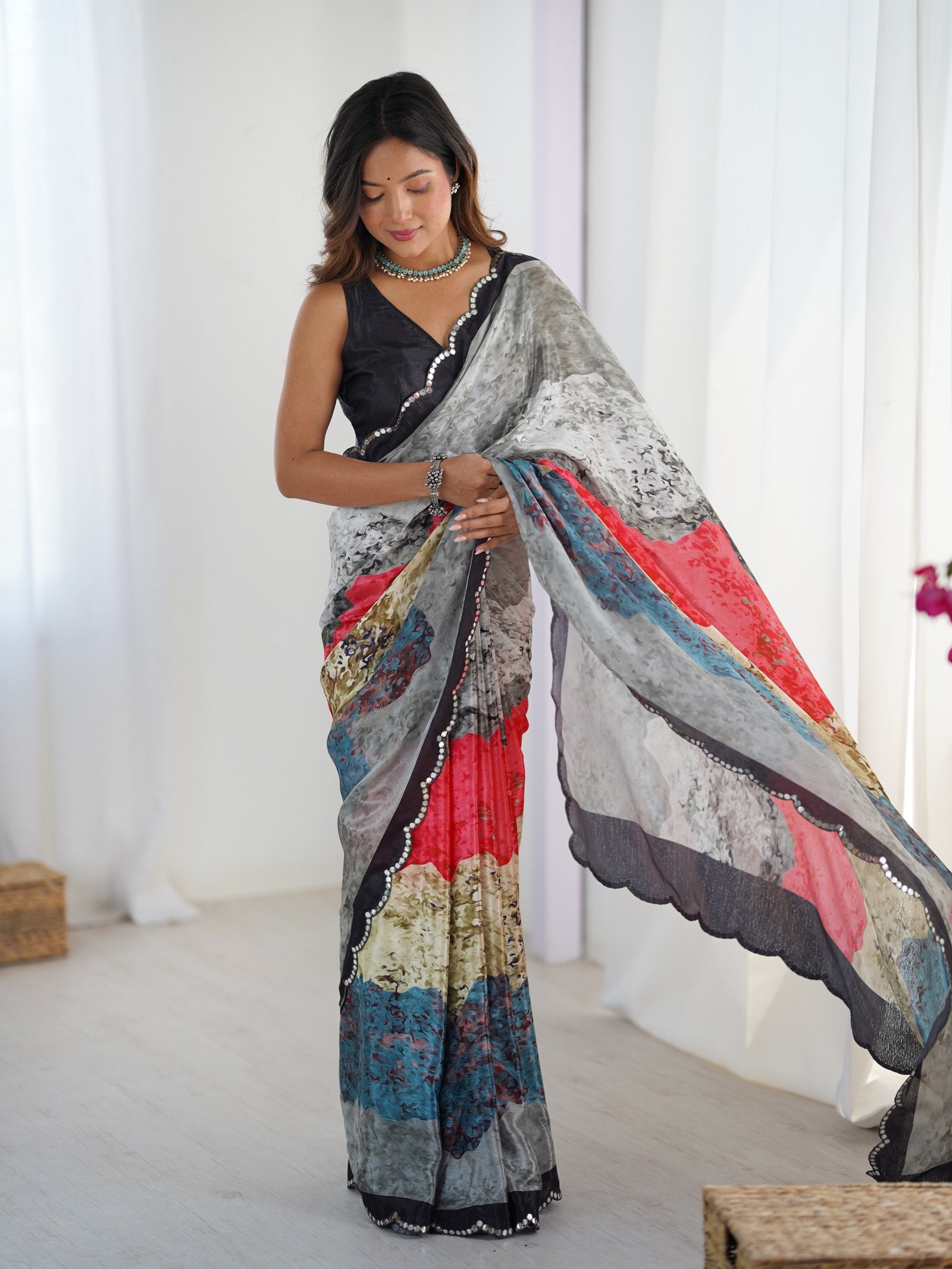 Multicolor Chinnon Saree with Kutchi Mirror Work Border