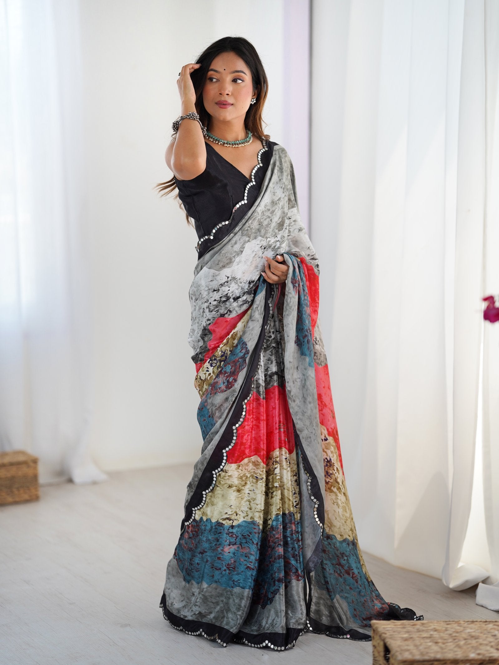 Multicolor Chinnon Saree with Kutchi Mirror Work Border