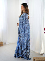 Sky Blue Chinnon Saree with Kutchi Mirror Work Border