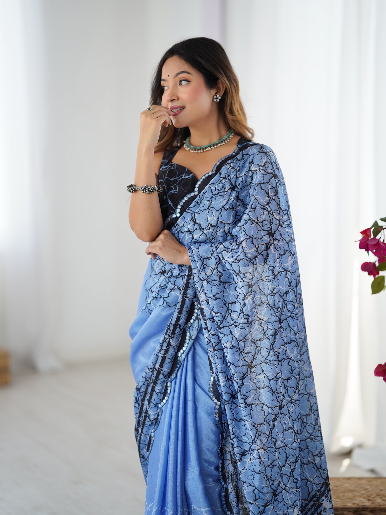 Sky Blue Chinnon Saree with Kutchi Mirror Work Border