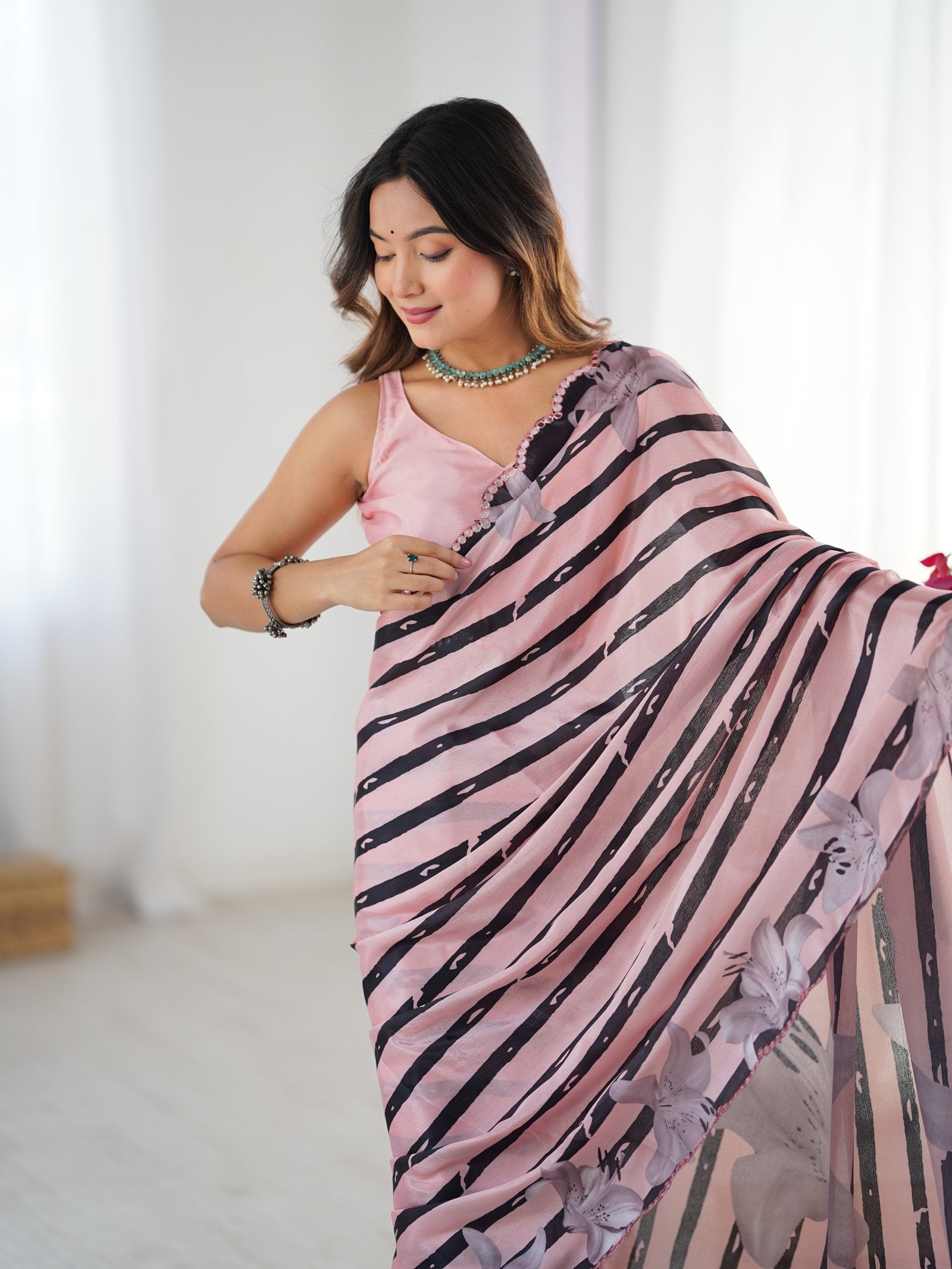 Pink Chinnon Printed Saree with Kutchi Mirror Lace Border