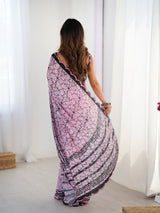 Pink Chinnon Printed Saree with Kutchi Mirror Lace Border