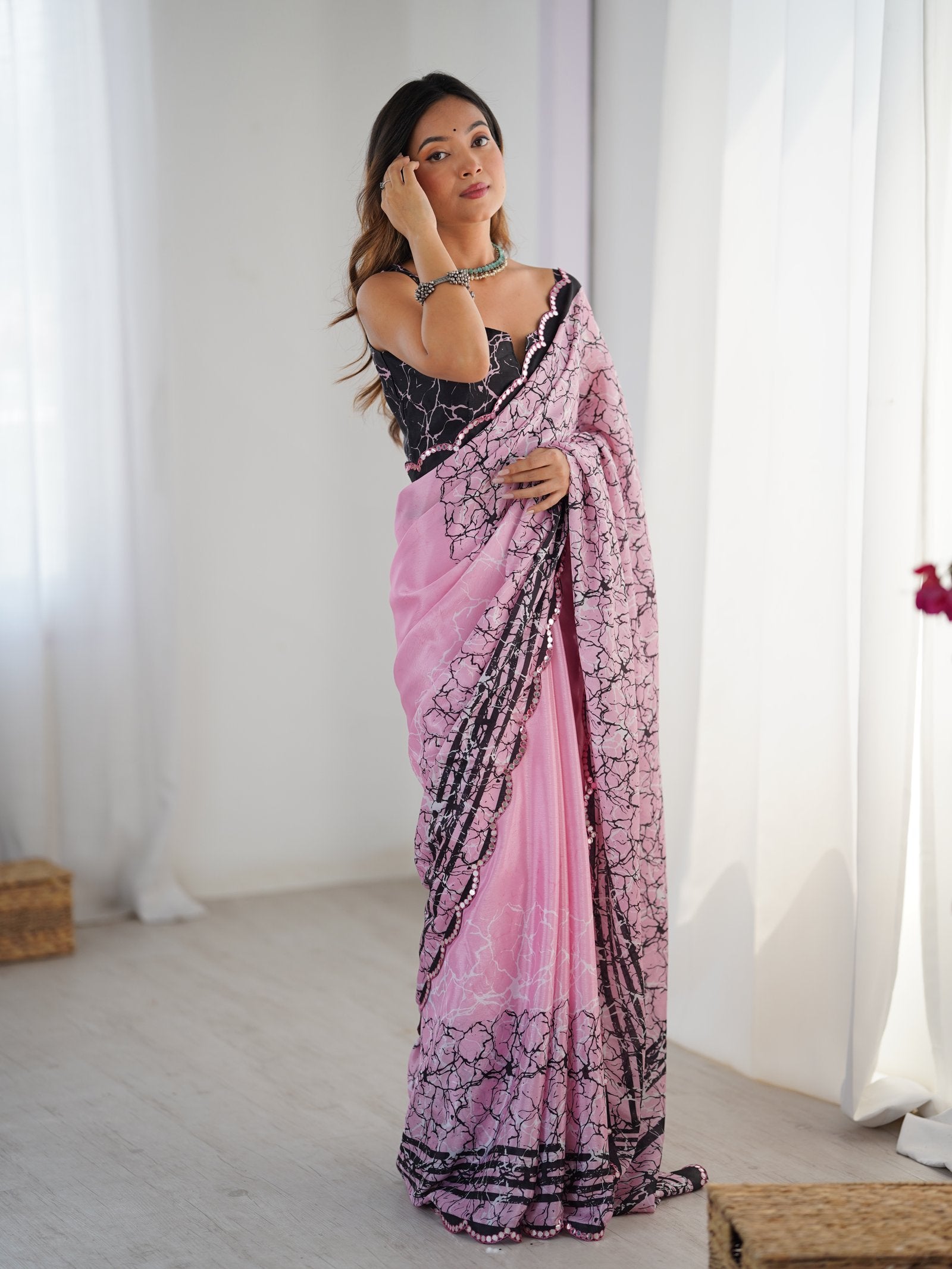 Pink Chinnon Printed Saree with Kutchi Mirror Lace Border