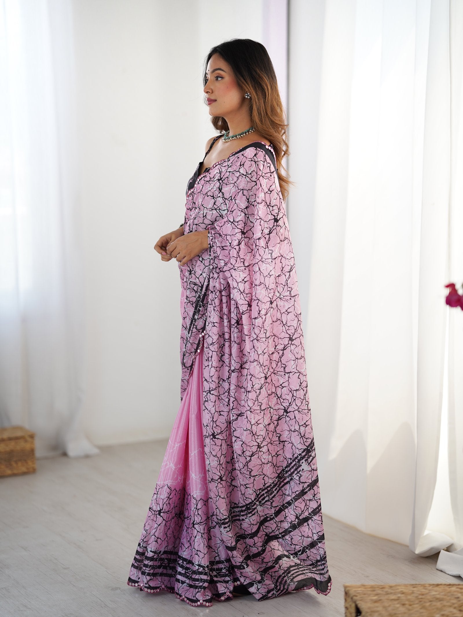 Pink Chinnon Printed Saree with Kutchi Mirror Lace Border
