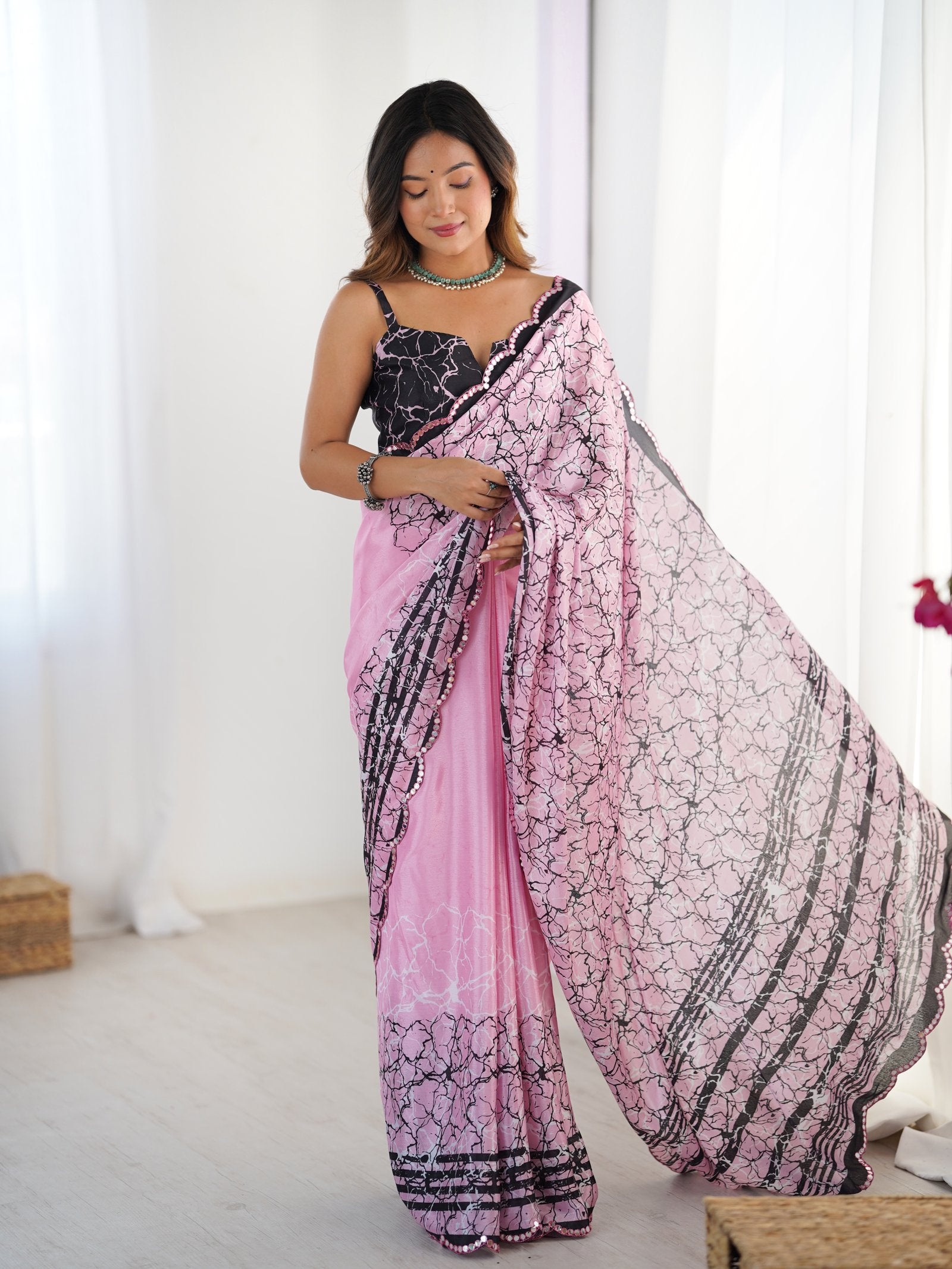 Pink Chinnon Printed Saree with Kutchi Mirror Lace Border