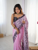 Pink Chinnon Printed Saree with Kutchi Mirror Lace Border