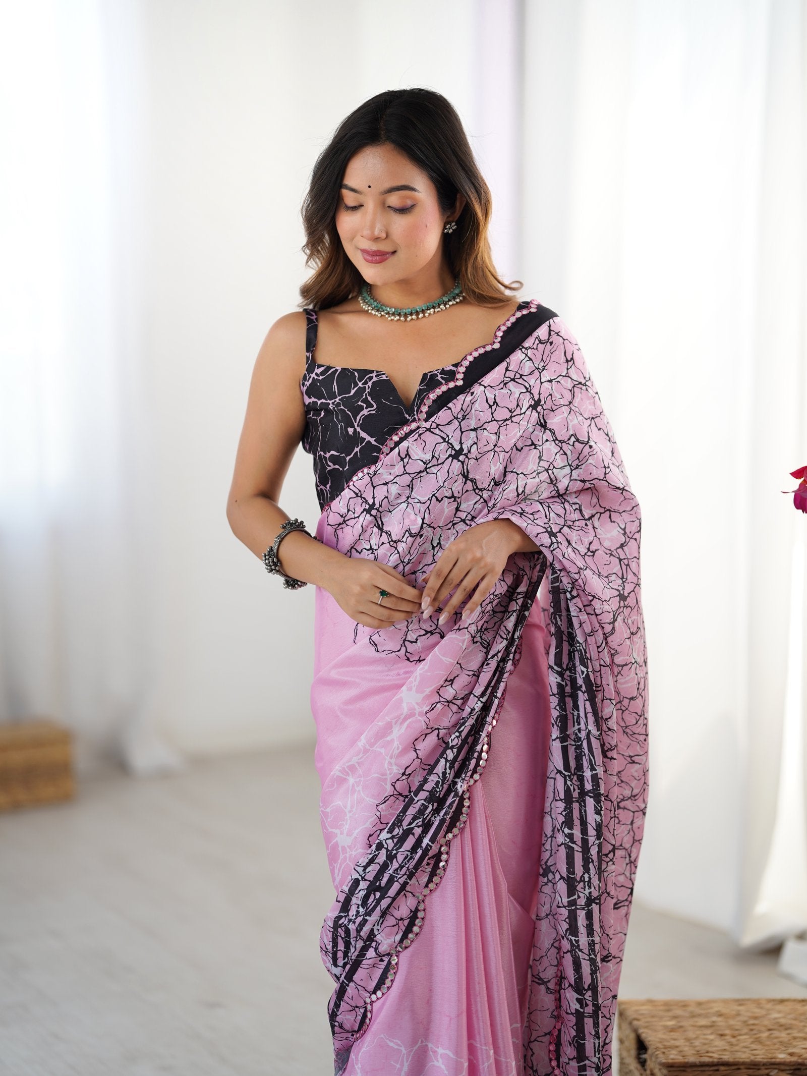 Pink Chinnon Printed Saree with Kutchi Mirror Lace Border