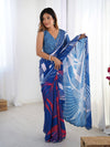 Navy Blue Chinnon Saree with Abstract Print & Mirror Border