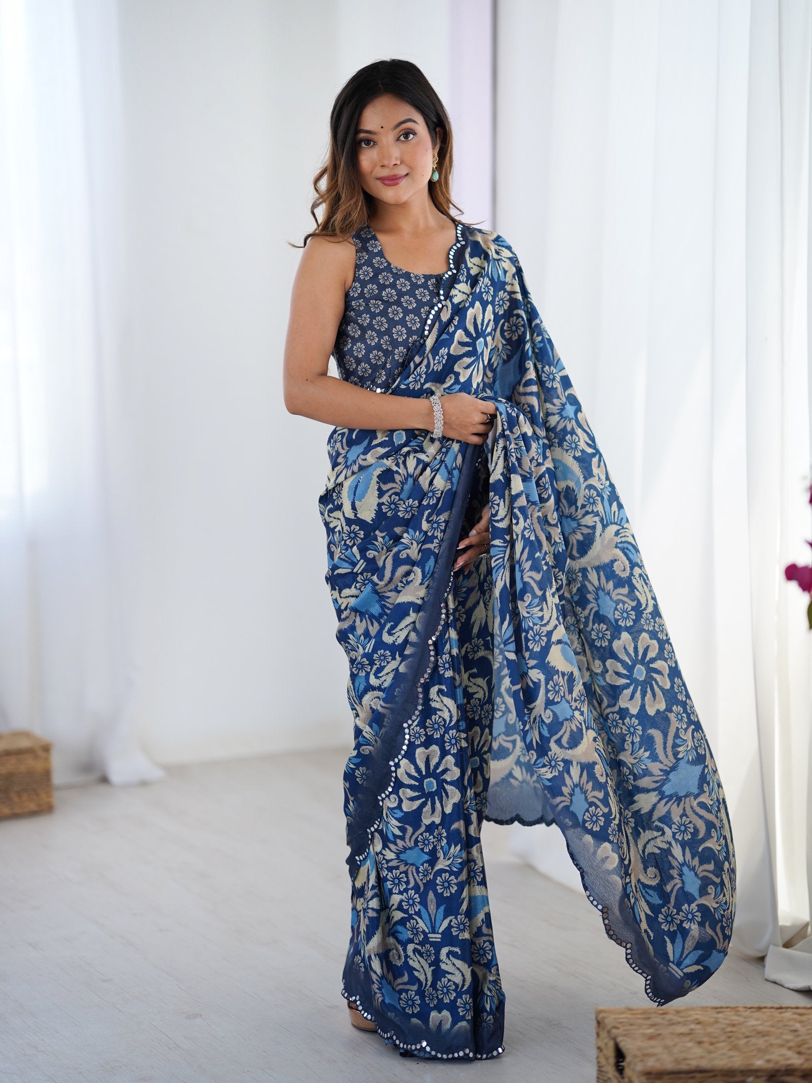 Navy Blue Chinnon Saree with Abstract Print & Mirror Border