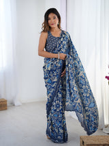 Navy Blue Chinnon Saree with Abstract Print & Mirror Border