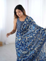 Navy Blue Chinnon Saree with Abstract Print & Mirror Border