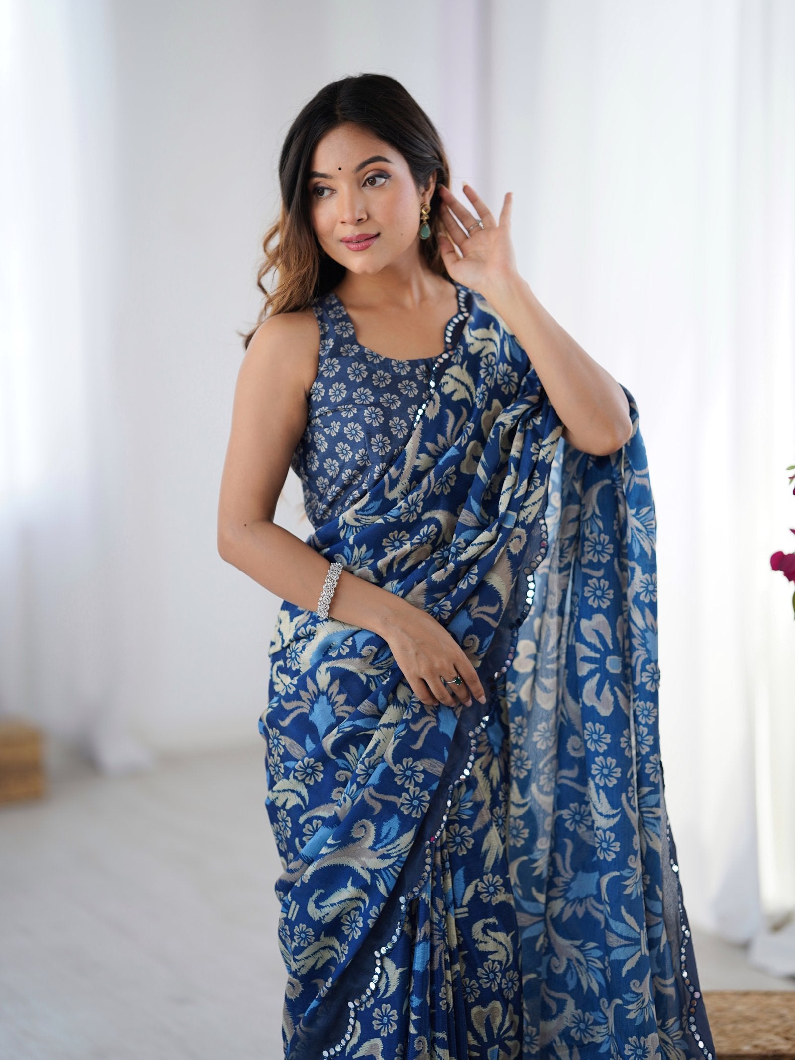 Navy Blue Chinnon Saree with Abstract Print & Mirror Border