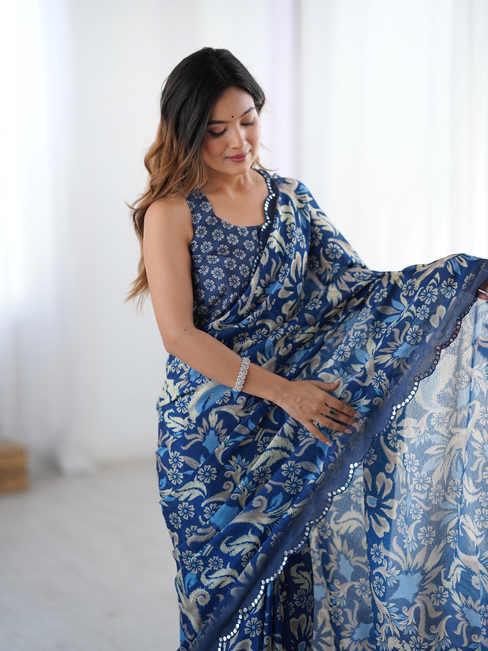 Navy Blue Chinnon Saree with Abstract Print & Mirror Border