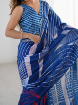 Navy Blue Chinnon Saree with Abstract Print & Mirror Border