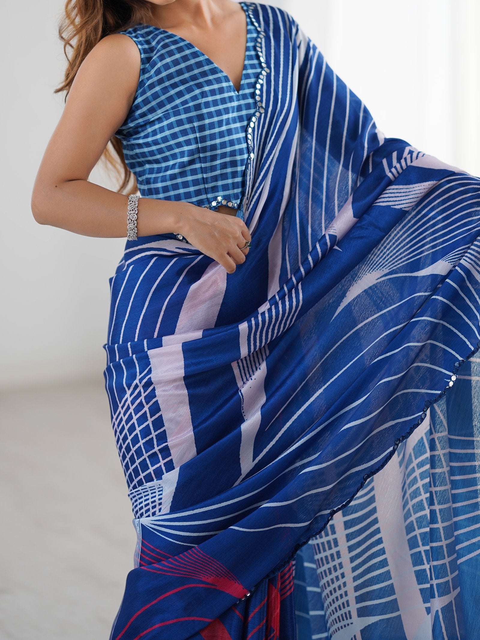 Navy Blue Chinnon Saree with Abstract Print & Mirror Border