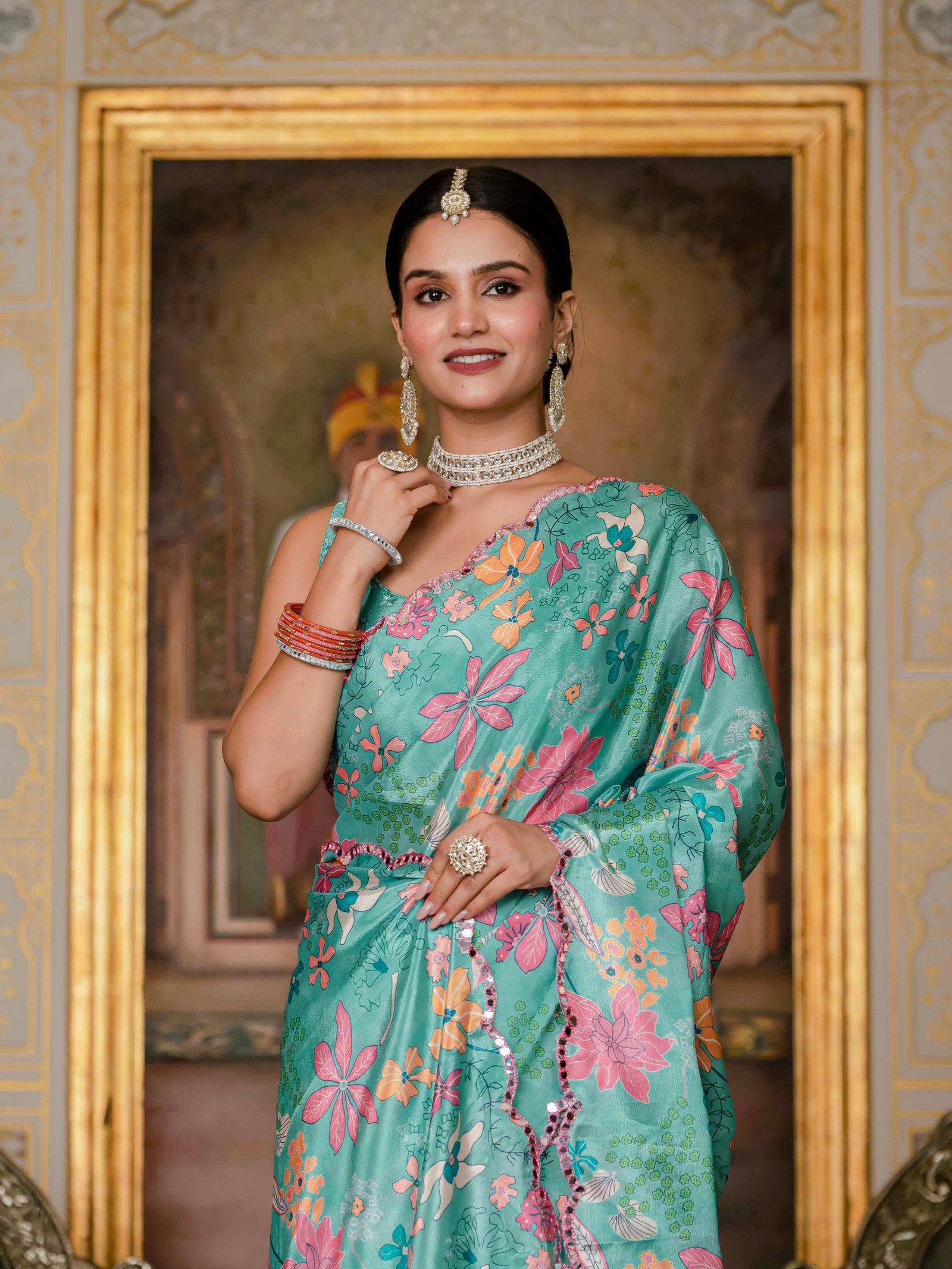 Teal Floral Printed Ready-to-Wear Saree with Kutchi Mirror Work