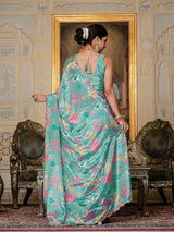 Teal Floral Printed Ready-to-Wear Saree with Kutchi Mirror Work