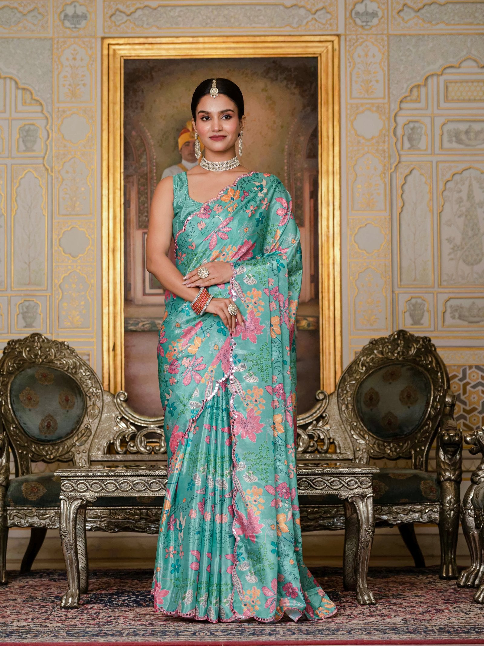 Teal Floral Printed Ready-to-Wear Saree with Kutchi Mirror Work