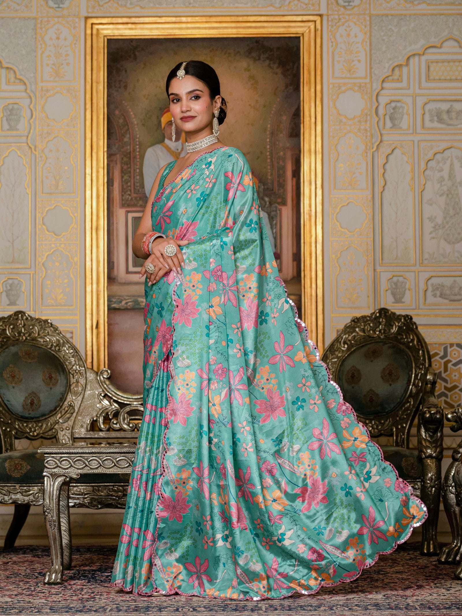 Teal Floral Printed Ready-to-Wear Saree with Kutchi Mirror Work