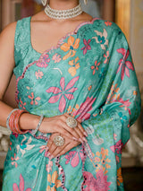 Teal Floral Printed Ready-to-Wear Saree with Kutchi Mirror Work