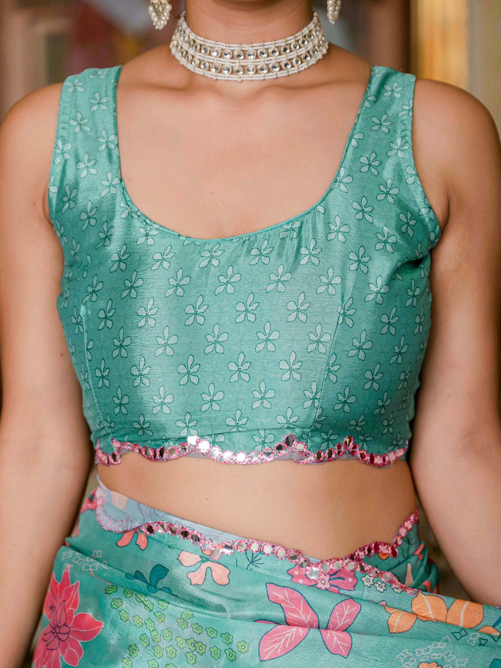 Teal Floral Printed Ready-to-Wear Saree with Kutchi Mirror Work