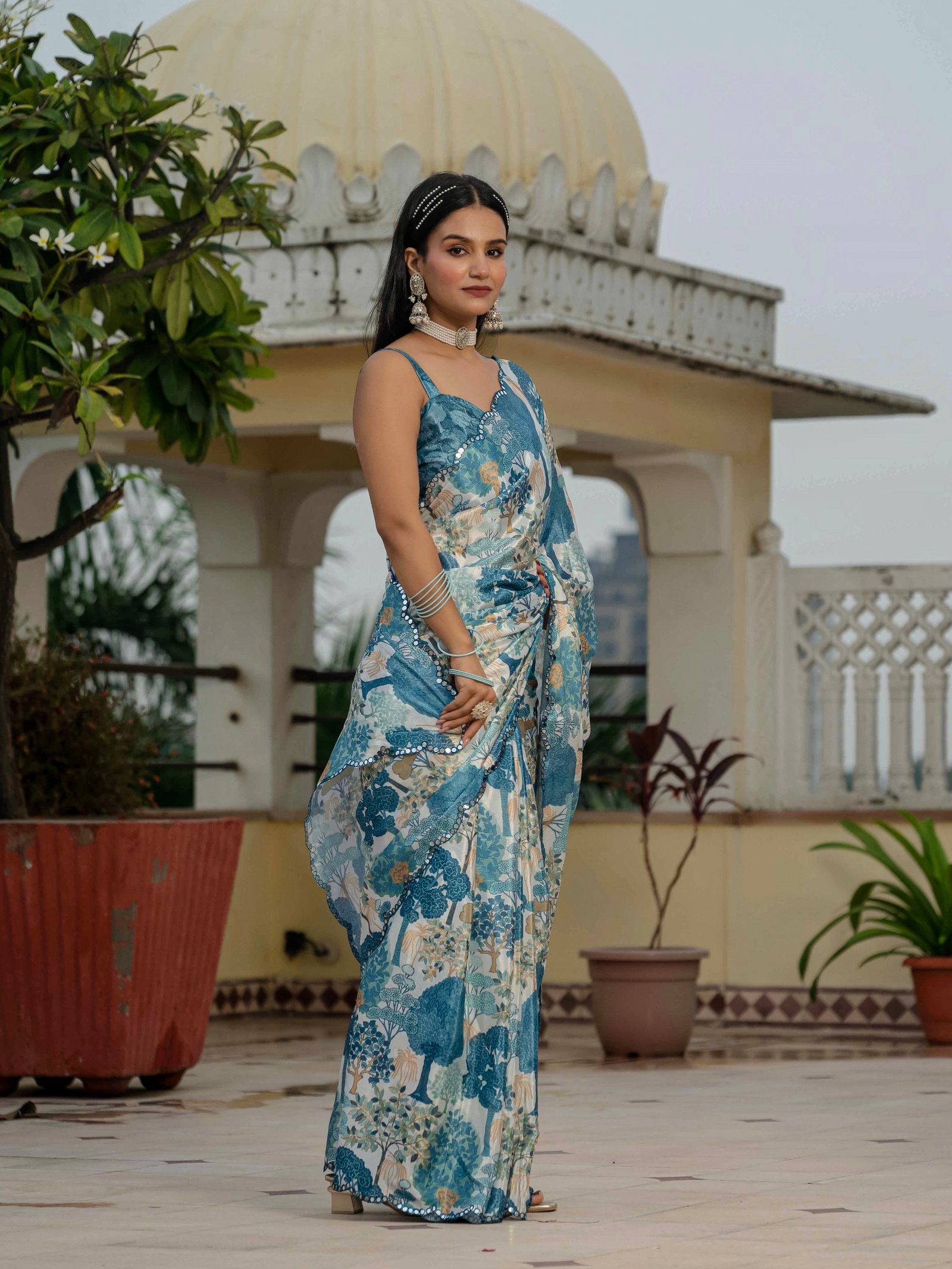 Multicolor Chinnon Ready-to-Wear Saree with Kutchi Mirror Work