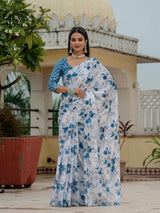 White & Blue Floral Printed Ready-to-Wear Chinnon Saree