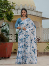 White & Blue Floral Printed Ready-to-Wear Chinnon Saree