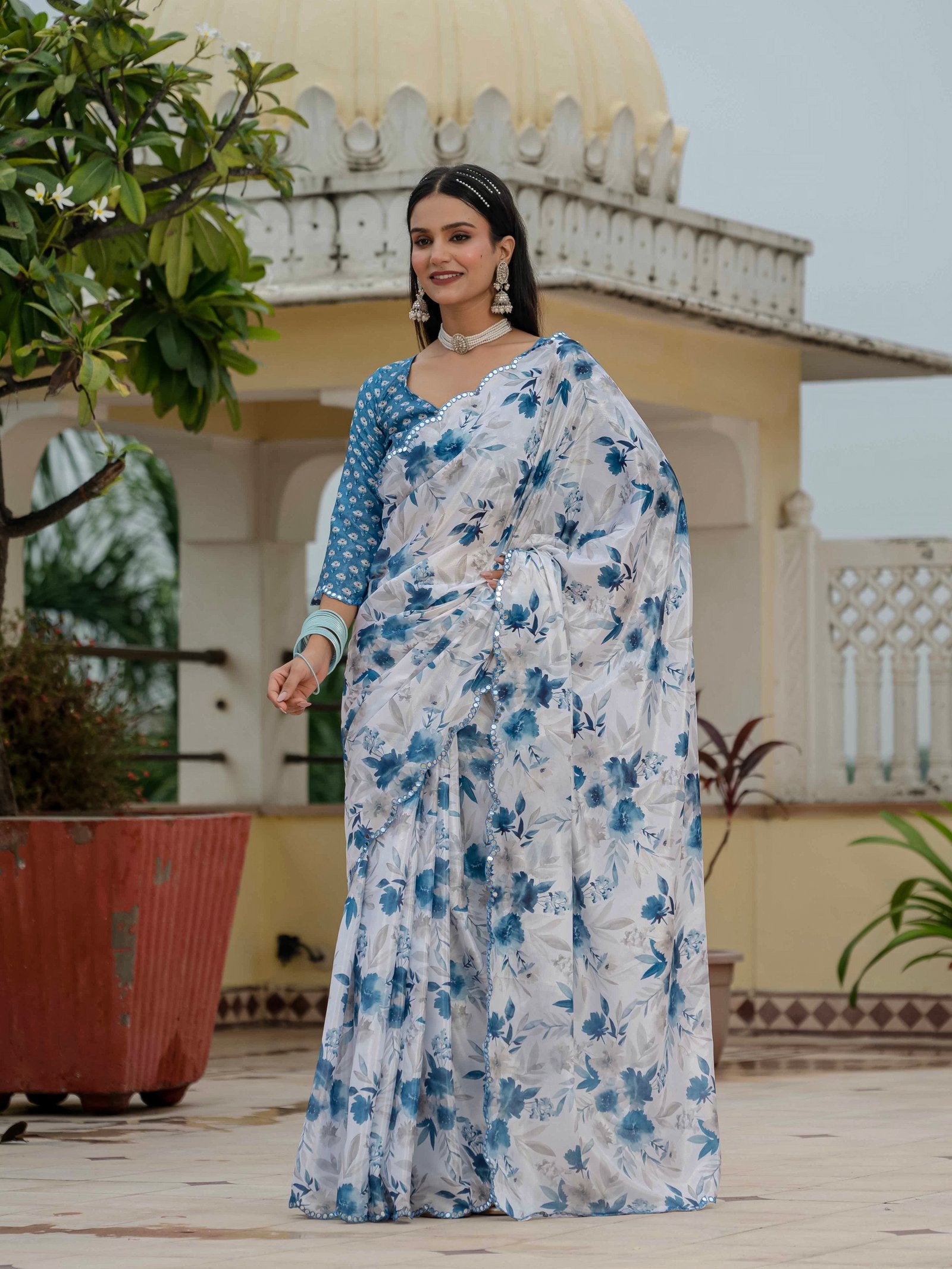 White & Blue Floral Printed Ready-to-Wear Chinnon Saree