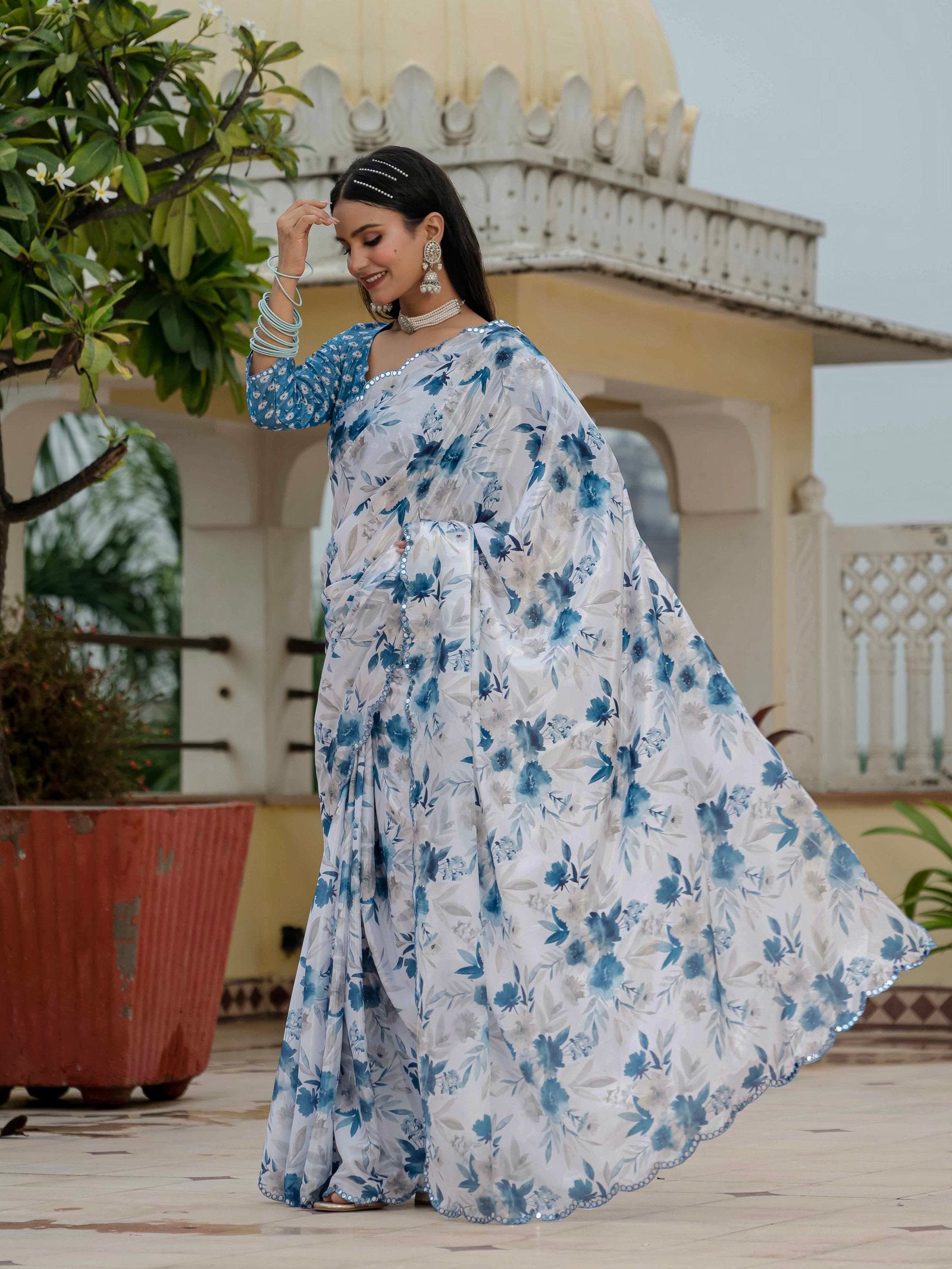 White & Blue Floral Printed Ready-to-Wear Chinnon Saree