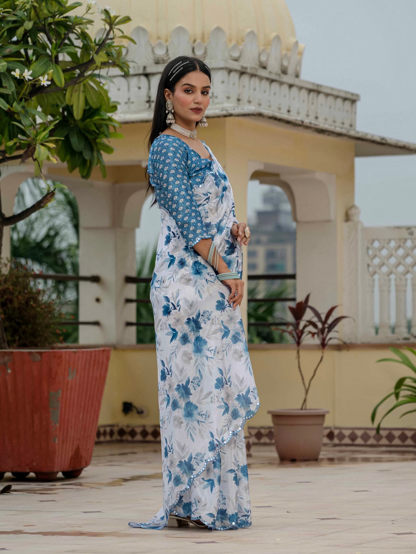 White & Blue Floral Printed Ready-to-Wear Chinnon Saree