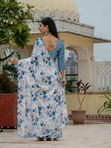 White & Blue Floral Printed Ready-to-Wear Chinnon Saree