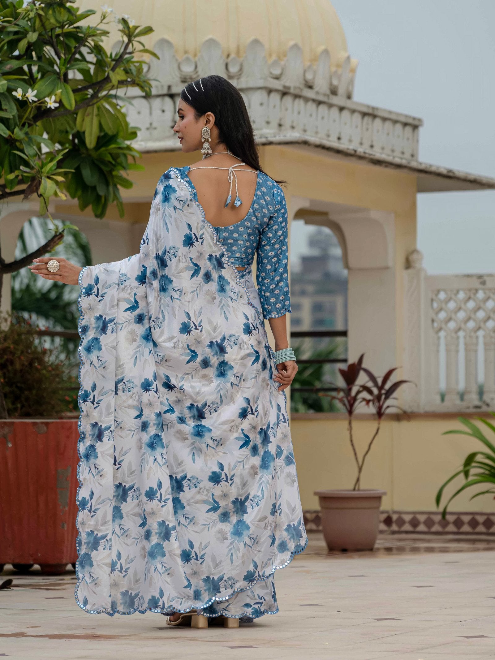 White & Blue Floral Printed Ready-to-Wear Chinnon Saree