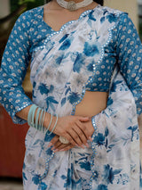 White & Blue Floral Printed Ready-to-Wear Chinnon Saree